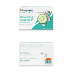 Himalaya refreshing cucumber cleansing bar ingredients closeup shows cucumber and coconut oil for moisture.