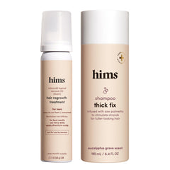 Hims & Hers Thick Fix shampoo bottle shows weightless moisture for fuller-looking hair