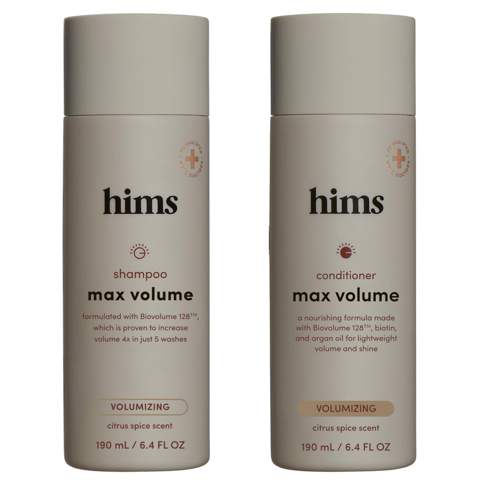 Hims Max Volume Shampoo bottle front; volumizing formula for fuller-looking hair