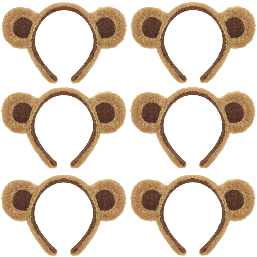 HIPIHOM 6Pcs Bear Ears Headbands brown plush set for group cosplay and parties.