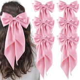 Hisial 6pcs large bows hair clip pink set close-up highlights silky satin finish for daily glamour.