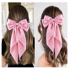 Hisial silk satin bow clip pink highlights elegant design and a soft long tail.