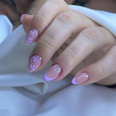 HJKDSFD 30pcs almond press-on nails with purple flower French tip for at-home salon look.