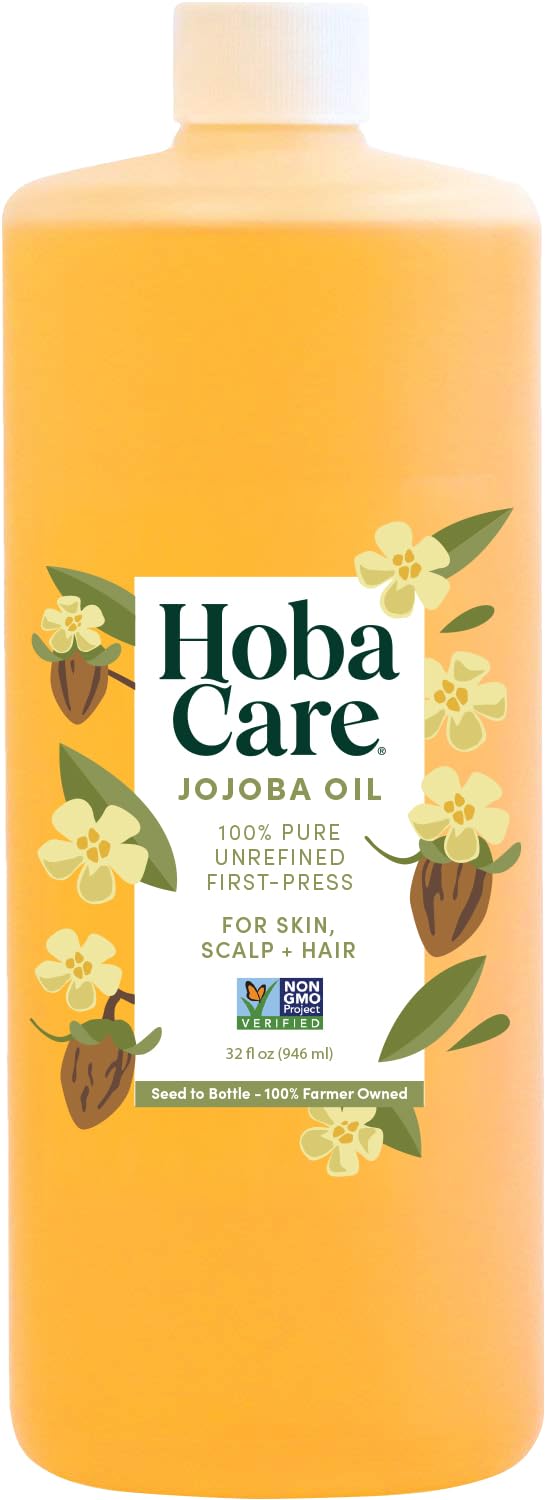 HobaCare jojoba oil 32oz bottle showcased for versatile skin and hair care.