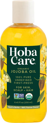 HobaCare Jojoba Oil bottle pouring for moisture and shine.