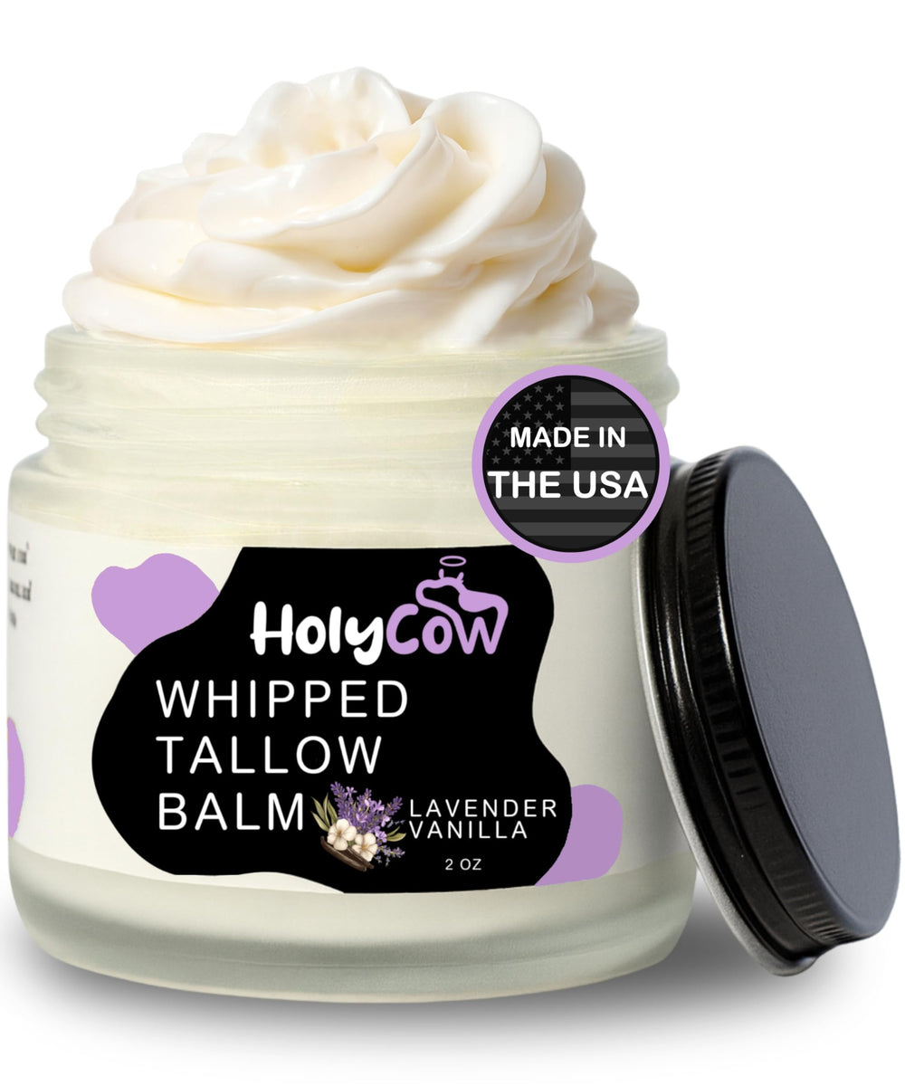 HolyCow beef tallow whipped balm jar close-up demonstrates creamy texture for deep hydration.