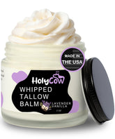 HolyCow beef tallow whipped balm jar close-up demonstrates creamy texture for deep hydration.