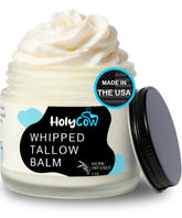 HolyCow Tallow whipped balm jar closeup shows rich, creamy texture for hydrated skin