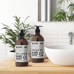Newport Home Hand Soap Rosemary Mint bottle close-up shows fresh cleansing routine.