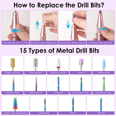 homeasy all-in-one nail e-file kit with 15 bits for versatility.