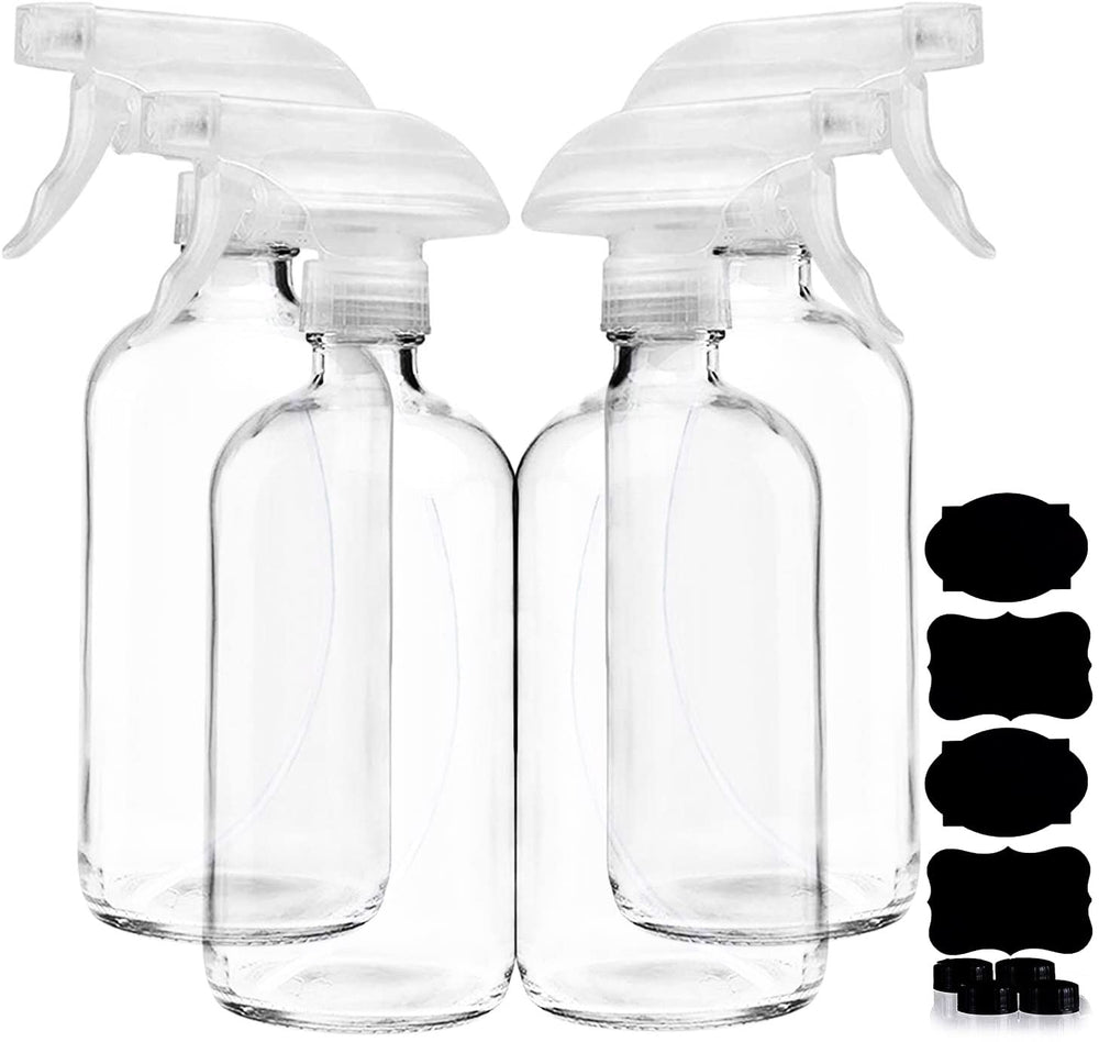 Homeries clear glass spray bottle 16oz 4-pack highlights UV protection for liquids.
