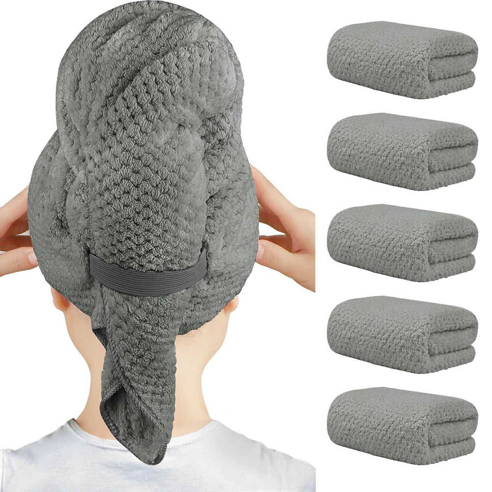 HOMEXCEL 5-pack large microfiber hair towel wrap grey folded for compact storage and quick drying
