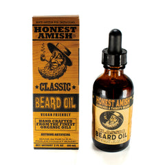 Honest Amish Classic Beard Oil packaging highlights handcrafted USA origin.