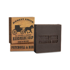 Honest Amish Patchouli Bark Soap bar lather image emphasizes mild exfoliation and soothing aroma.