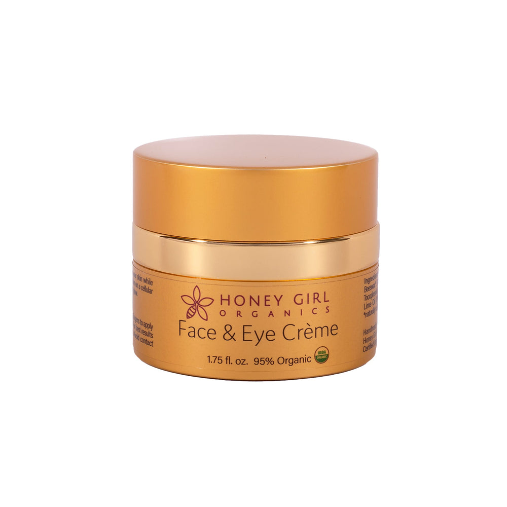 Honey Girl Organics Face and Eye Creme jar closeup for rich daily moisture and natural radiance