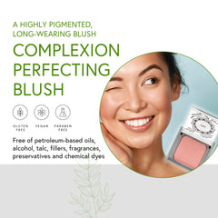 Honeybee Gardens blush application close-up demonstrates blendable texture for easy, seamless color.