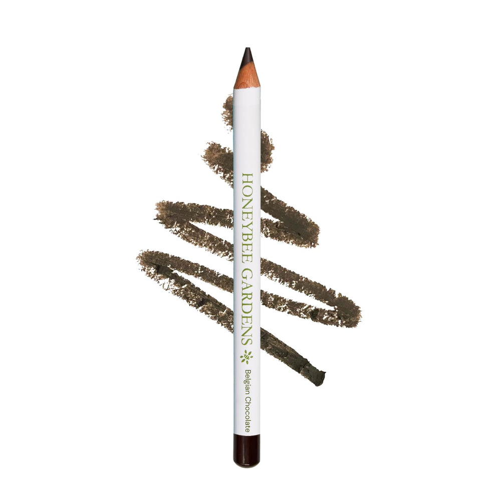 Honeybee Gardens Effortless Eyeliner Pencil Belgian Chocolate closeup shows rich, long-wearing pigment for precise definition.