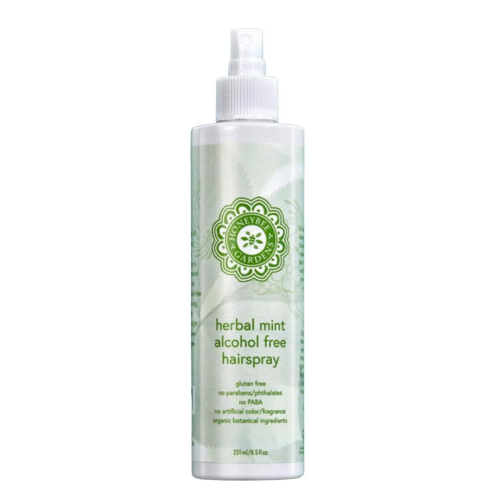 Honeybee Gardens Hair Spray Herbal Mint bottle delivers non-drying, flexible hold.