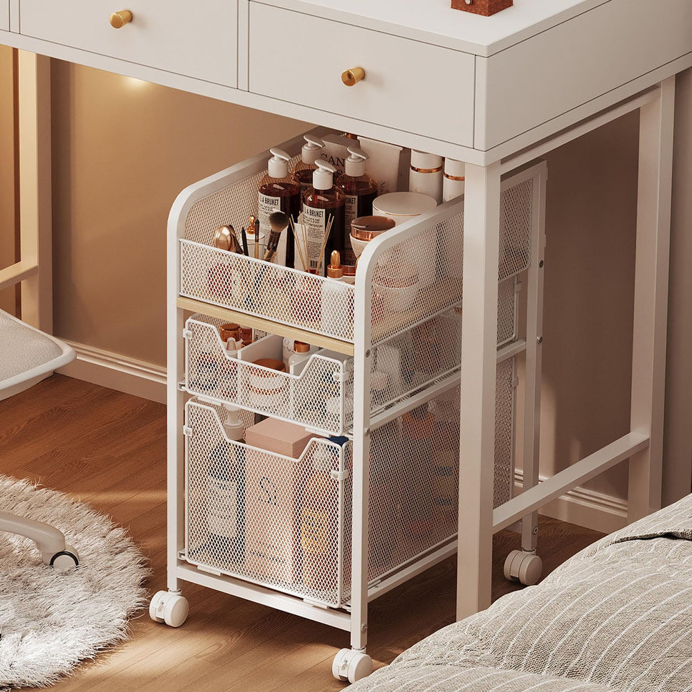 Hongtamoya rolling makeup cart front view showcases compact design for small spaces and organized storage.