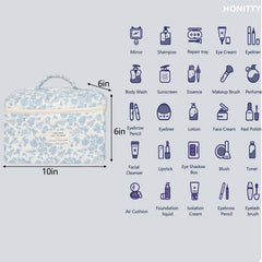 Honitty cosmetic bag sized 10x6x6 inches holds skincare and makeup essentials while traveling
