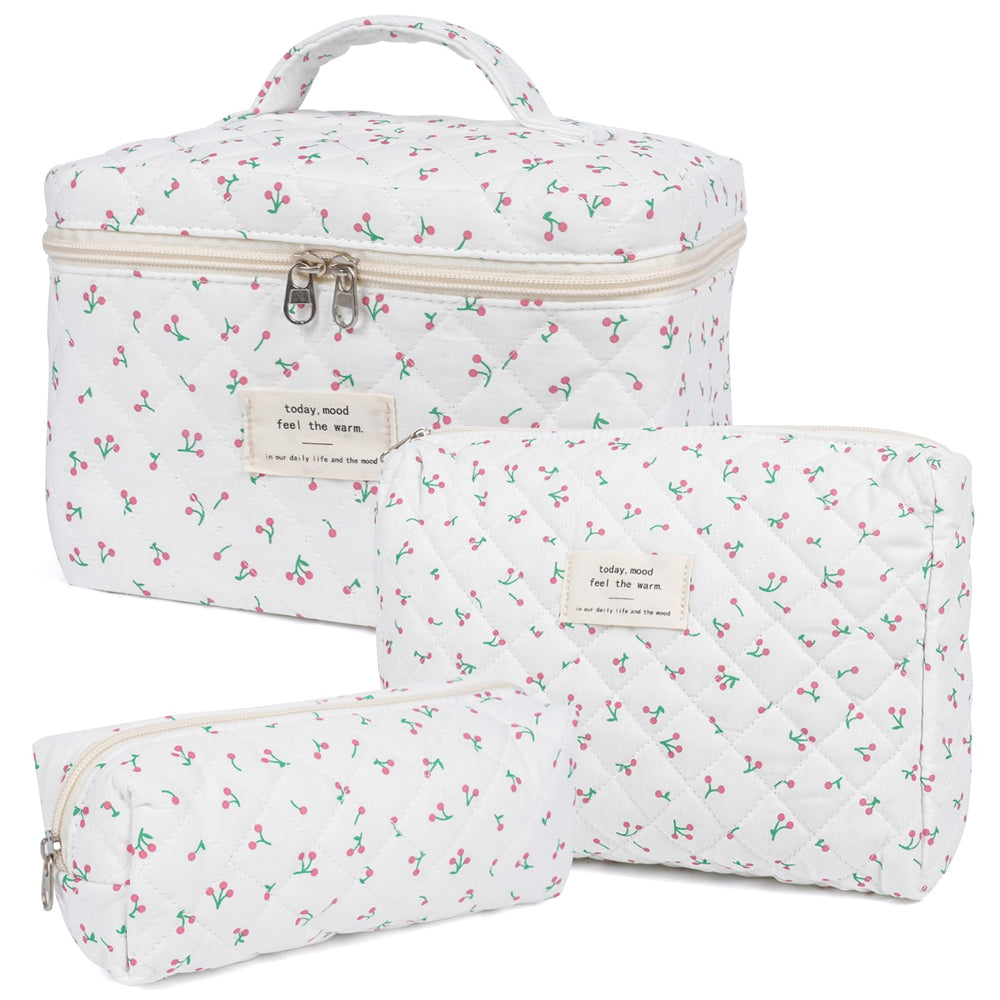 Honitty floral quilted makeup bag front view for easy travel organization.