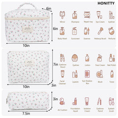 Honitty floral quilted makeup bag side view shows fabric and texture.