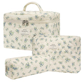 Honitty quilted makeup bag with floral pattern for organized travel storage.