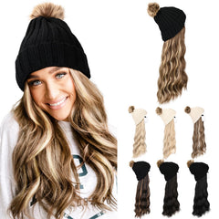 HOOJIH knitted beanie wig front view shows instant length and cozy warmth