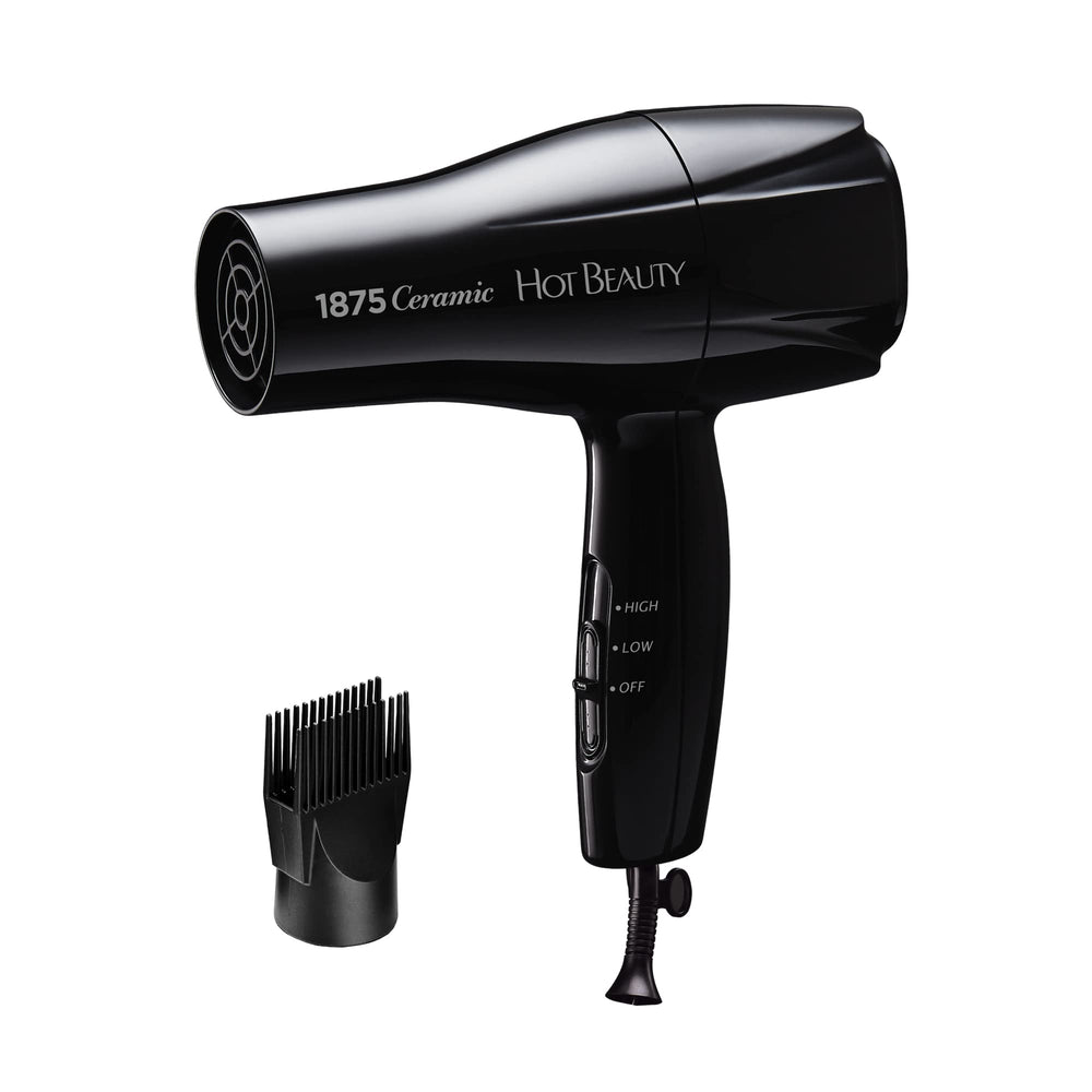 Hot Beauty 1875 Ceramic Hair Dryer front view, compact for quick home styling.