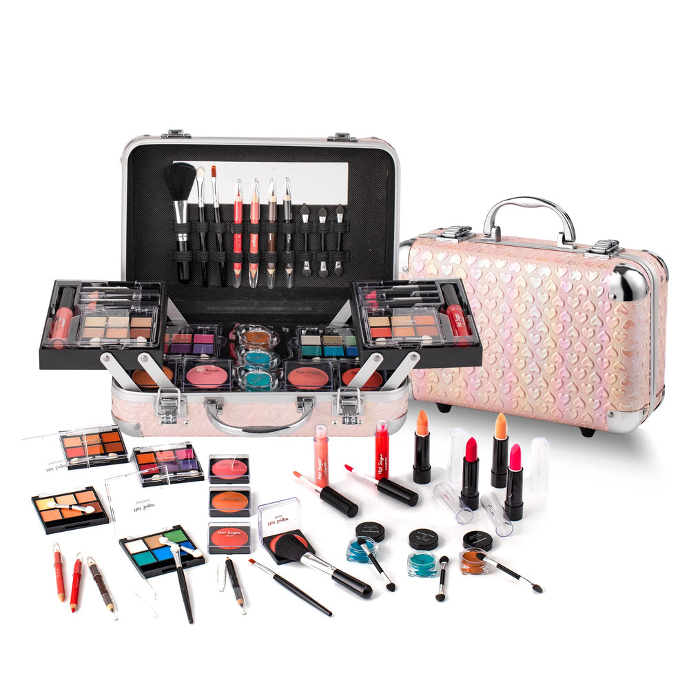 Hot Sugar all-in-one makeup set in pink heart case with built-in mirror for travel.