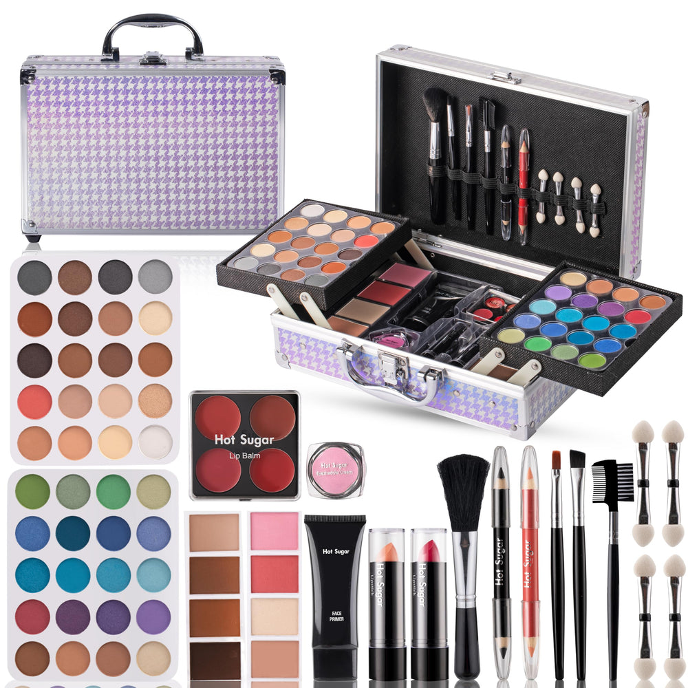 Hot Sugar makeup kit purple case open, organized beginner-friendly makeup for aspiring looks
