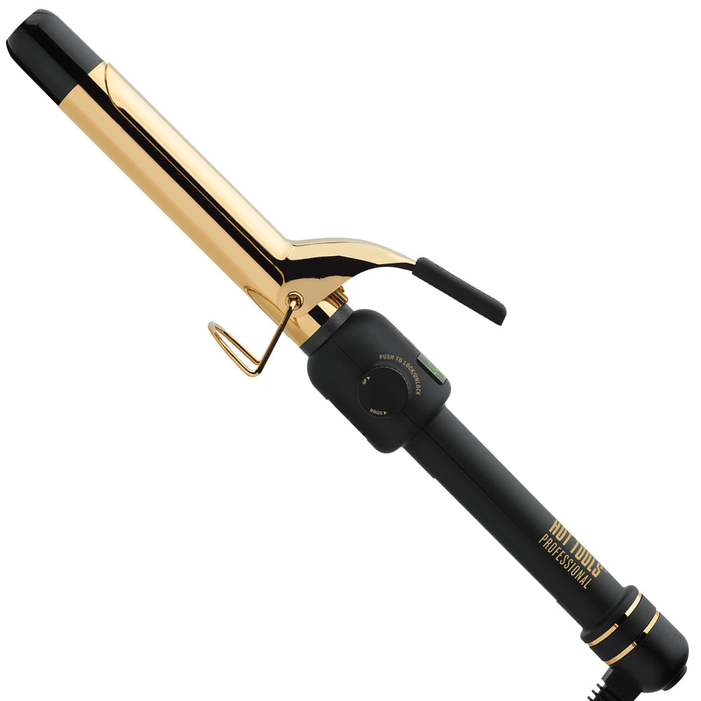 Hot Tools 24K Gold Digital Curling Iron display shows precise temperature control for consistent curls.