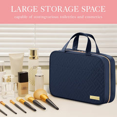 HOTOR travel toiletry bag open showing organized compartments for makeup and toiletries.