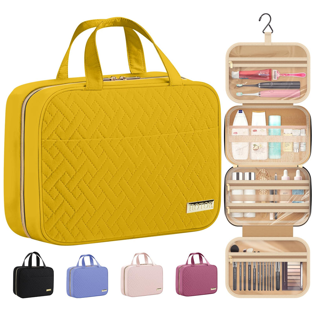 HOTOR travel toiletry bag in yellow hanging closed for compact storage.