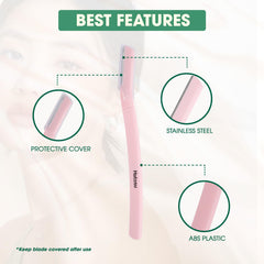 Hotosu eyebrow razor blue handle in hand delivering safe, controlled dermaplaning.