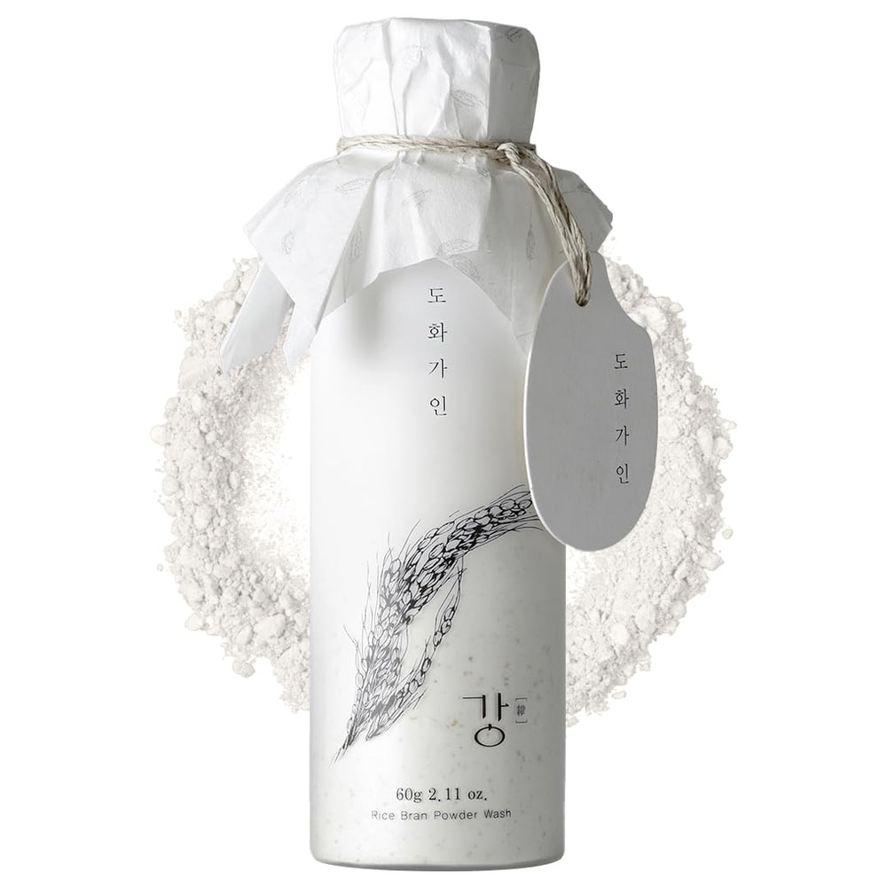 House of Dohwa Rice Bran Powder Wash packaging with vegan certification and Korean sourcing.
