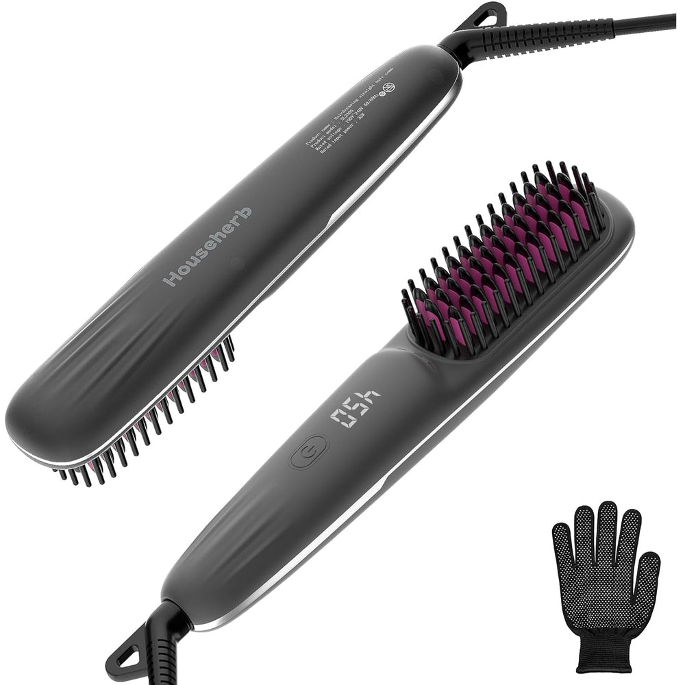 Househerb hair straightener brush front view shows LED display for precise temperature control.