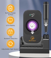 HOUSMV nail drill battery life extends up to 10 hours for salon sessions.