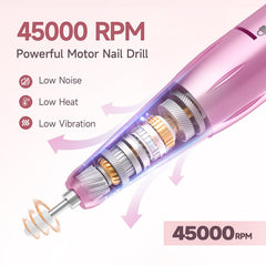 HQMPHQ nail drill 45000rpm motor close-up highlights powerful performance with minimal heat and noise.
