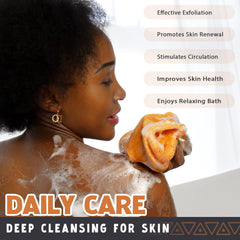Hrsqu African Net Sponge stretched to reach back for easy full-body scrub.