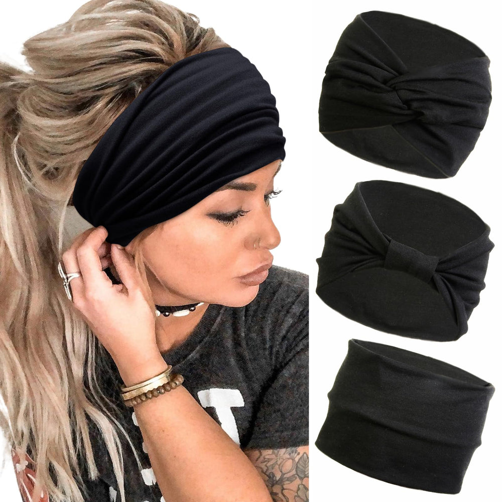 Huachi wide twist headband in black provides secure, comfortable fit for workouts