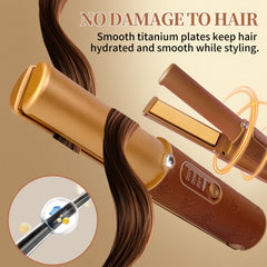 Huajun 2-in-1 straightener-curler with titanium plates for sleek straights and natural curls.