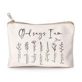 HubbgDesign God Says You Are cosmetic bag front view with neutral linen for everyday organization