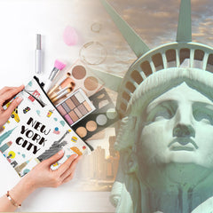 Huhumy New York cosmetic bag canvas construction indicates longevity for repeated use.