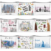 Huhumy New York cosmetic bag pattern closeup with durable canvas for travel makeup.