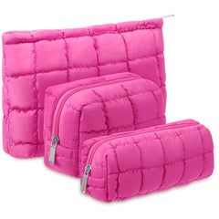 Huhumy Puffy makeup bag hot pink closeup shows soft texture and premium quilting for everyday use.