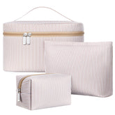 Huhumy khaki seersucker makeup bag side view, stylish travel organizer
