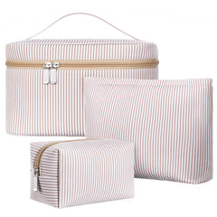 Huhumy khaki seersucker makeup bag side view, stylish travel organizer