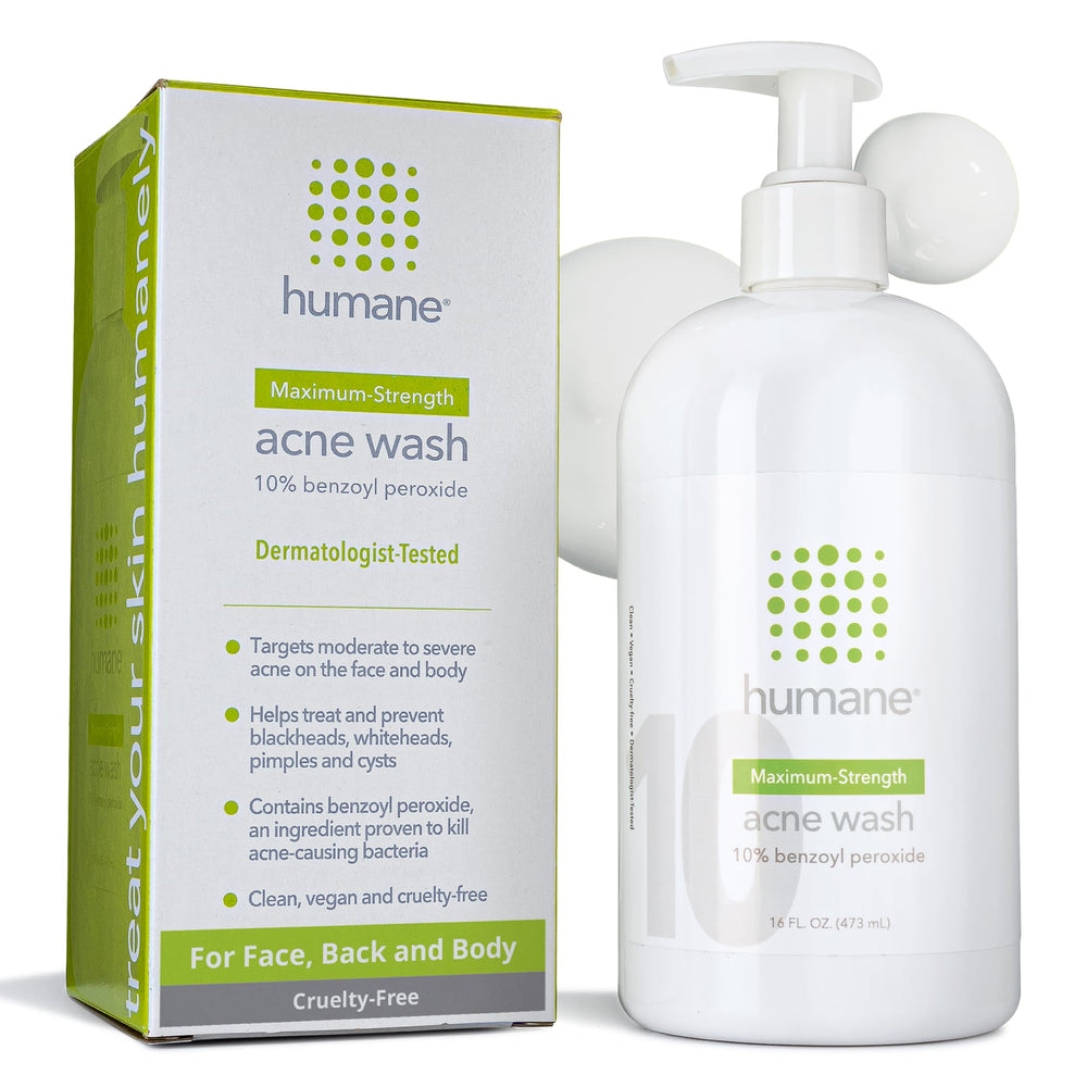 Humane benzoyl peroxide acne wash bottle shows 10% strength for maximum acne treatment.