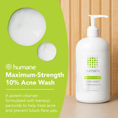 Humane benzoyl peroxide acne wash label close-up highlighting vegan and cruelty-free formula.